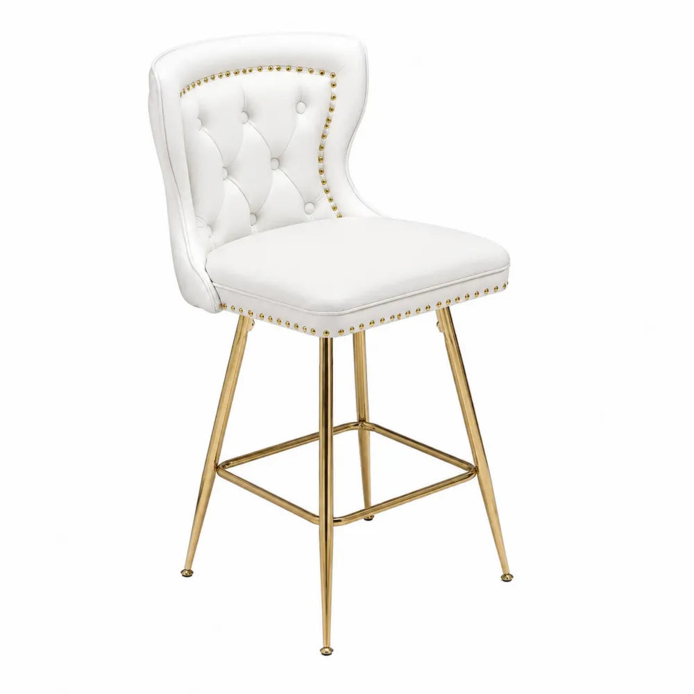 Sgabello da bar in pelle sintetica bianca con gambe in metallo dorato