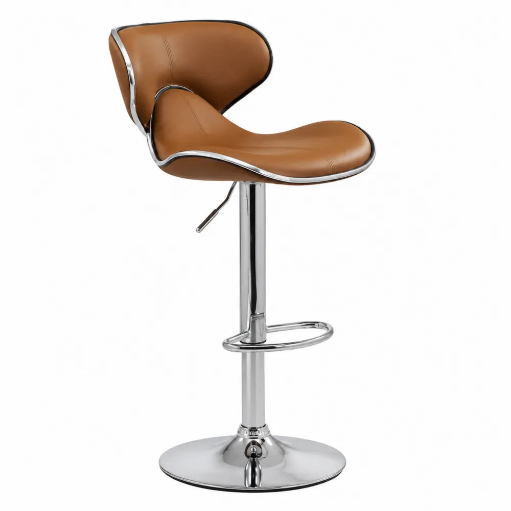 Sgabello da Bar in Pelle Sintetica Marrone con Base in Metallo Cromato