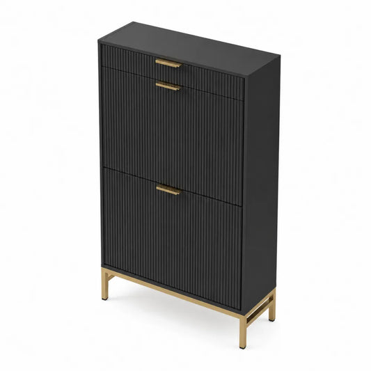 Scarpiera verticale in MDF nero con maniglie dorate, ripiani interni