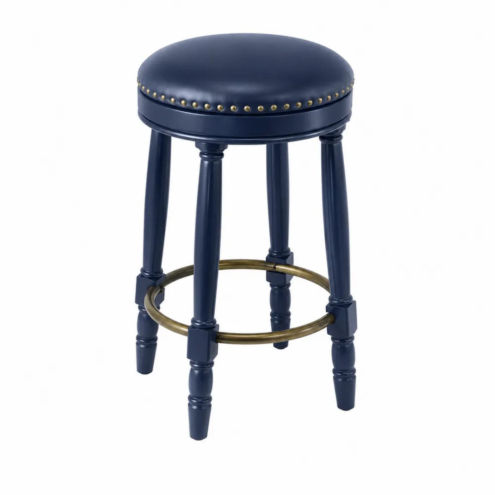 Sgabello in Legno e Pelle Sintetica Blu con Poggiapiedi in Metallo