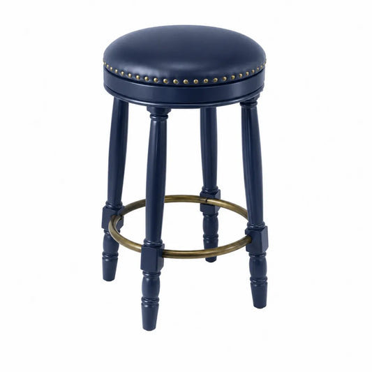 Sgabello in Legno e Pelle Sintetica Blu con Poggiapiedi in Metallo