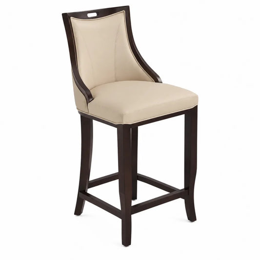 Sgabello da Bar in Legno Espresso con Seduta in Ecopelle Beige