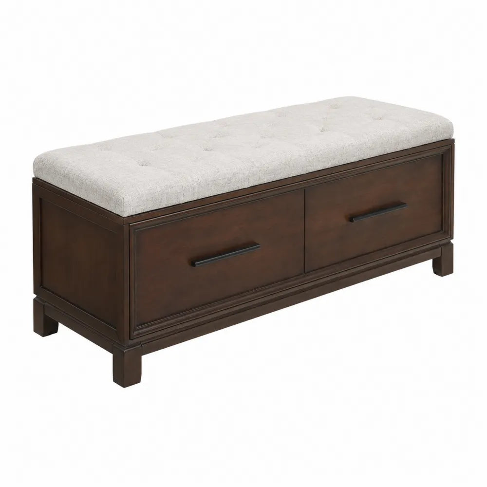 Panca in legno con cuscino in lino e due cassetti 120x40x45 cm
