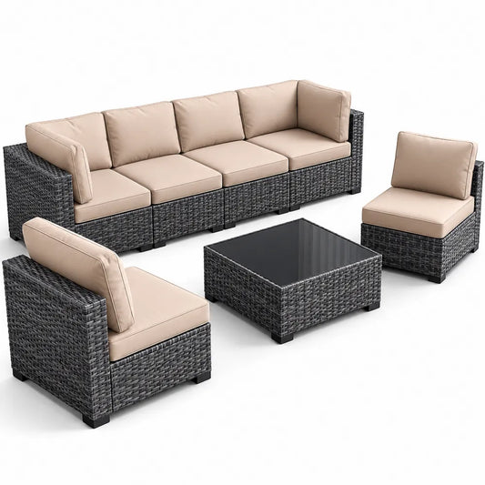 Set da Giardino in Rattan con Cuscini in Poliestere e Tavolino in Vetro Temperato