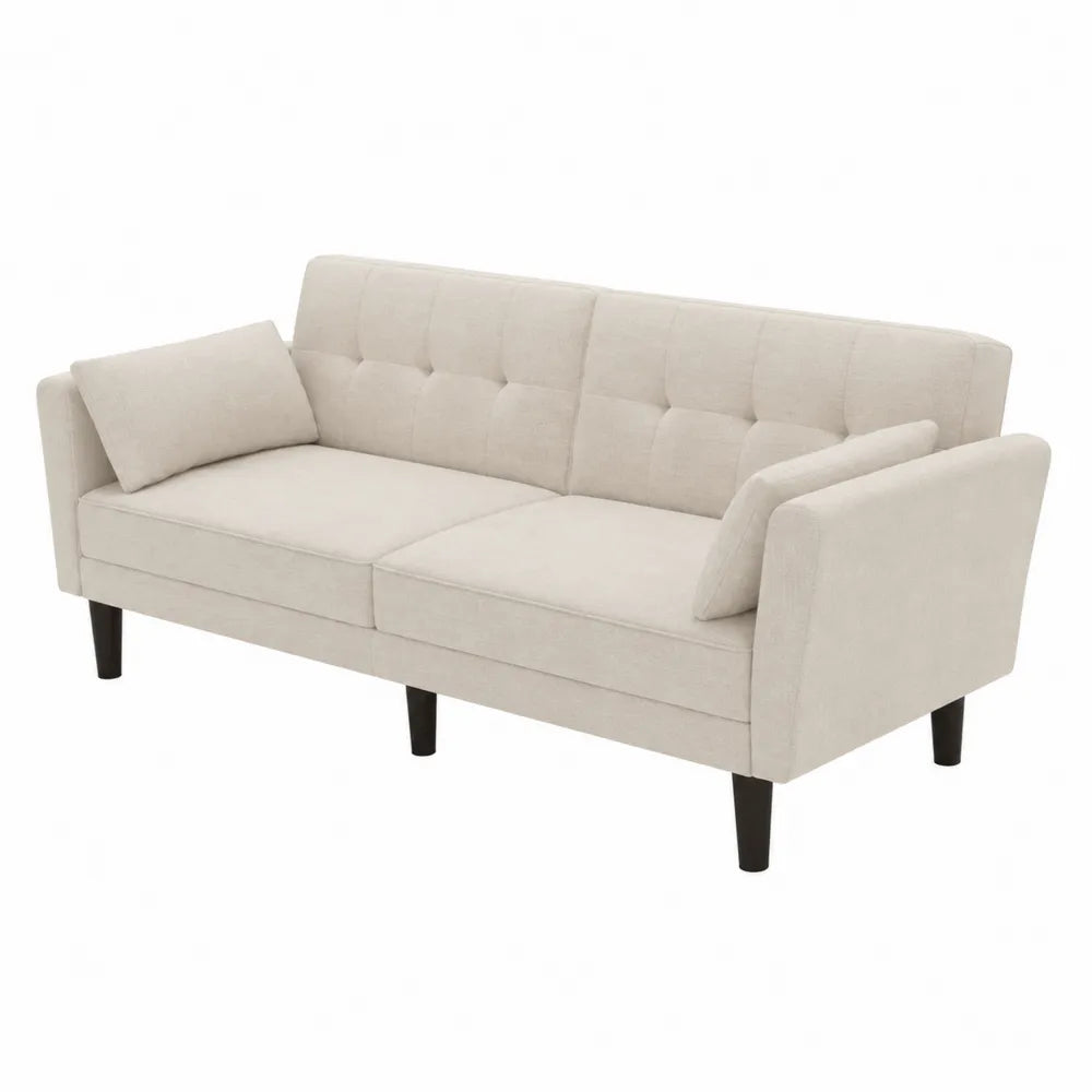 Divano tre posti in tessuto poliestere beige con gambe in legno