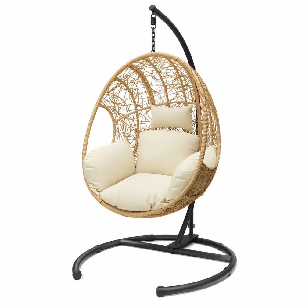 Sedia Sospesa in Rattan Sintetico con Cuscini Beige e Struttura in Acciaio