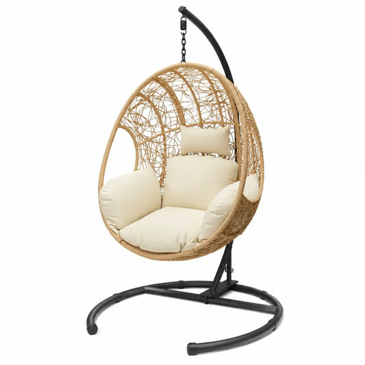 Sedia Sospesa in Rattan Sintetico con Cuscini Beige e Struttura in Acciaio