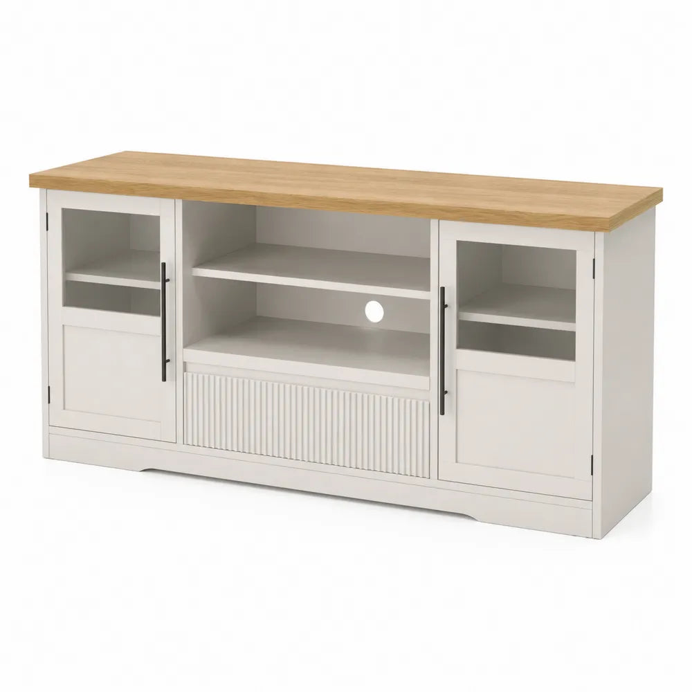 Mobile TV in MDF con Ante in Vetro e Mensole, Bianco/Rovere, 150x40x70 cm