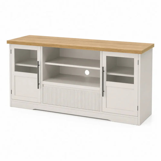 Mobile TV in MDF con Ante in Vetro e Mensole, Bianco/Rovere, 150x40x70 cm